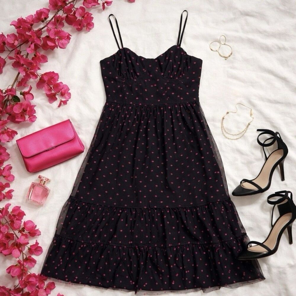 Betsey Johnson Lip Print Dress Black Pink Glitter Bustier Y2K Party Retro Whimsy